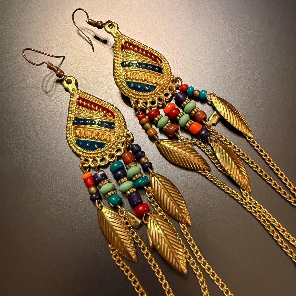Boho Bohemian Style Beaded Gold Tone Dangly Earrings - Picture 4 of 7